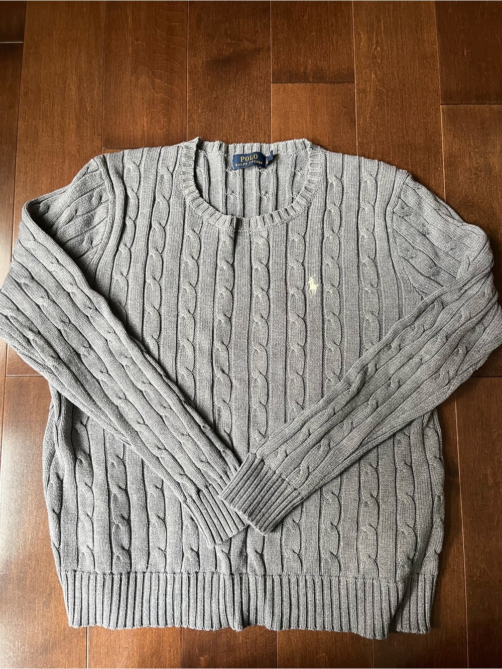 Ralph Lauren Gray Cable-Knit Crewneck Sweater with Embroidered Pony